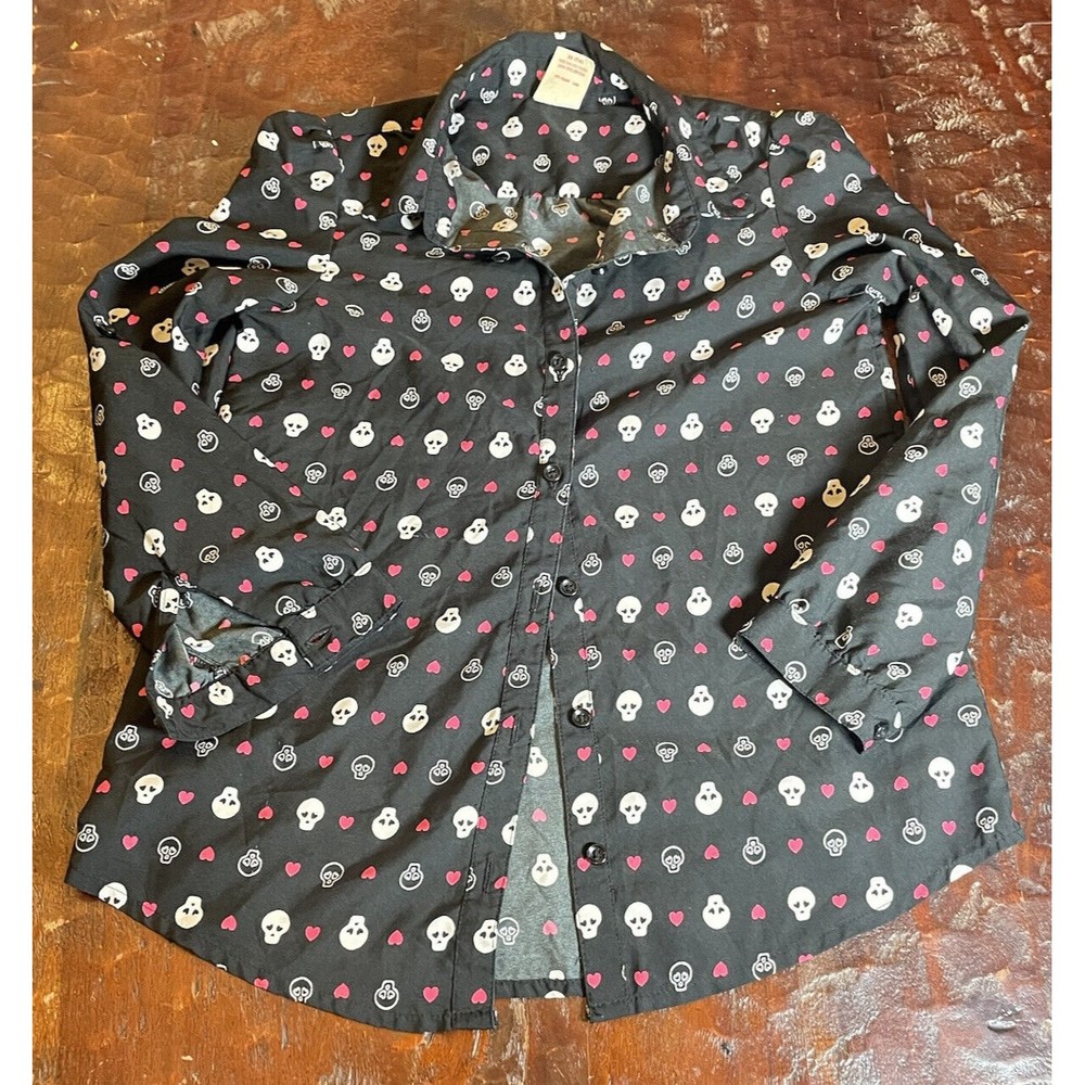 Halloween Faded Glory Skeleton Girls 7/8 M Medium Button Up Top Black Pink